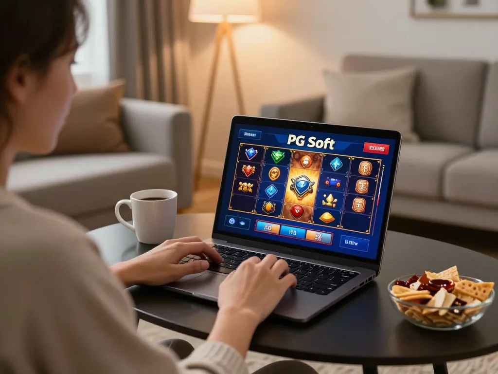 Memainkan permainan slot online PG Soft di laptop dalam suasana ruang tamu yang nyaman.