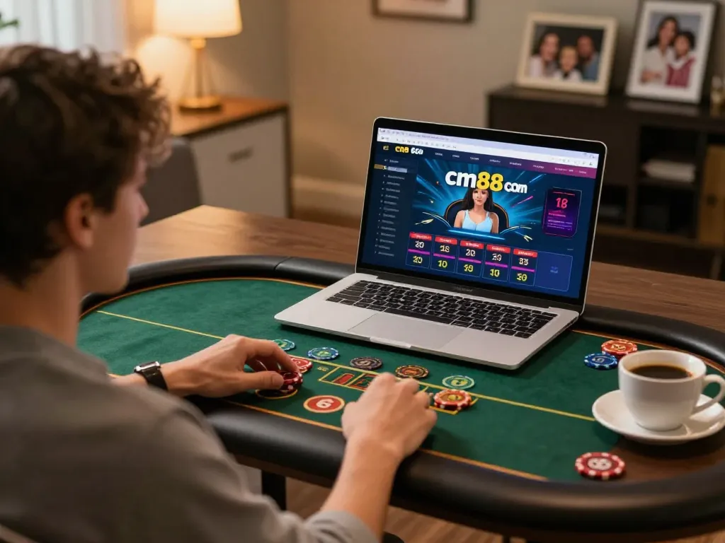 Playing live dealer games on cm88 com at home, with cozy lighting and laptop setup