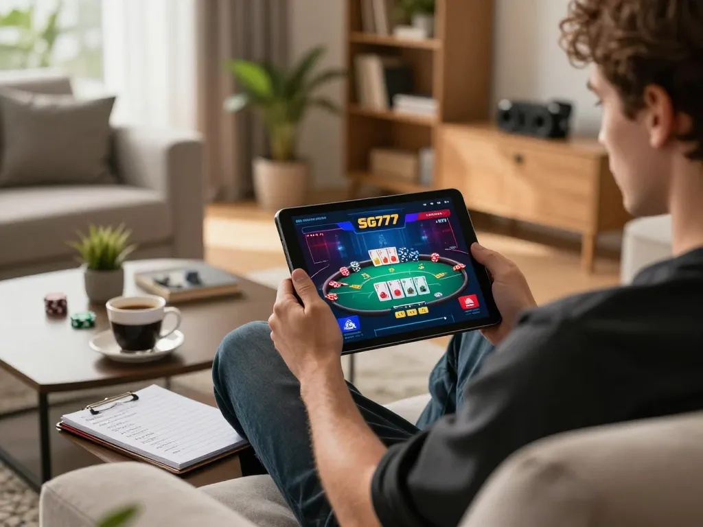 Engaged player enjoying SG777 online gaming on a tablet in a cozy living room.