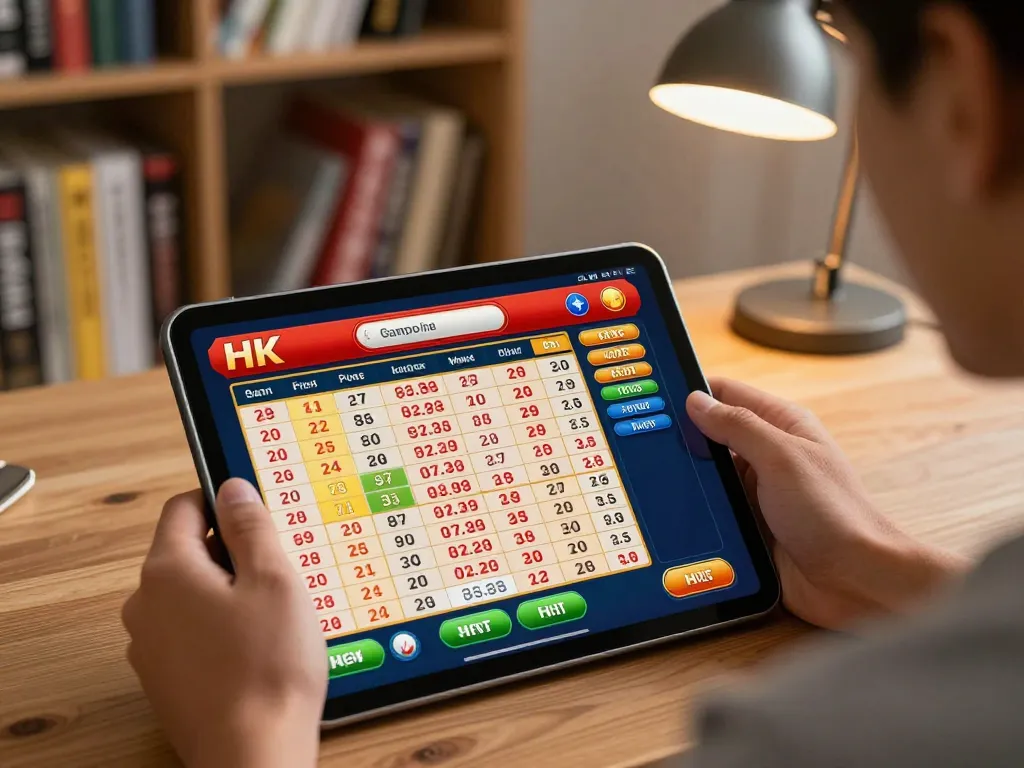 Engaged gambler analyzing data hk on tablet with strategic insights at home.