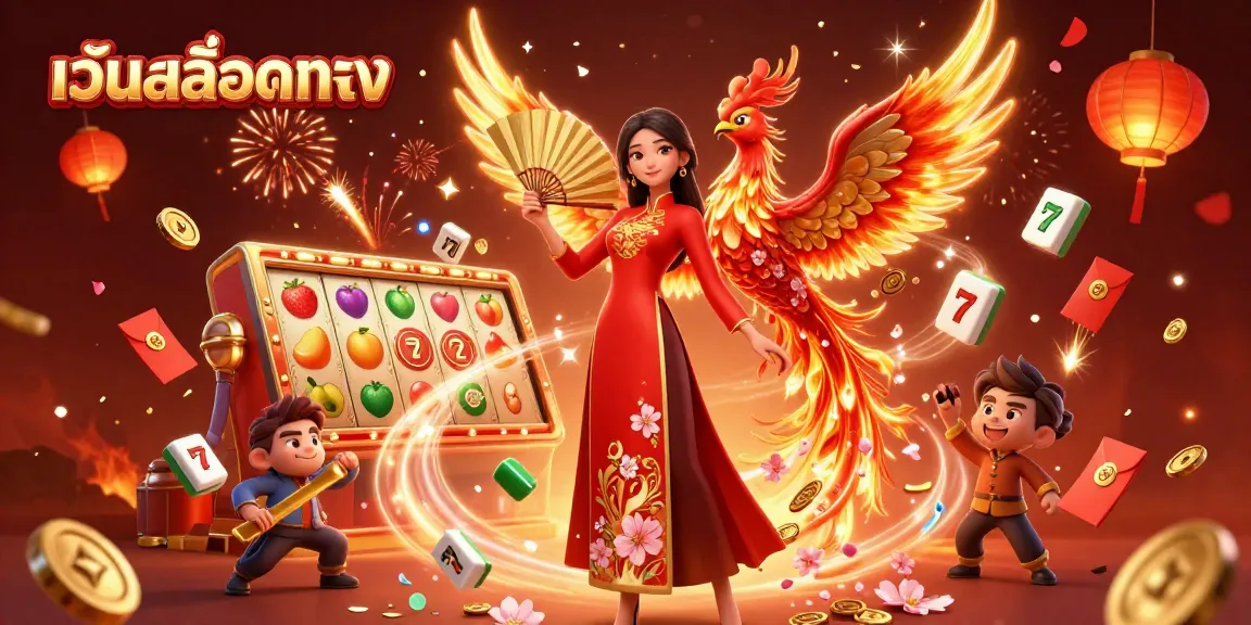 Experience the excitement of เว็บสล็อตตรง with vibrant slot reels, a stunning woman in ao dai, and a phoenix.
