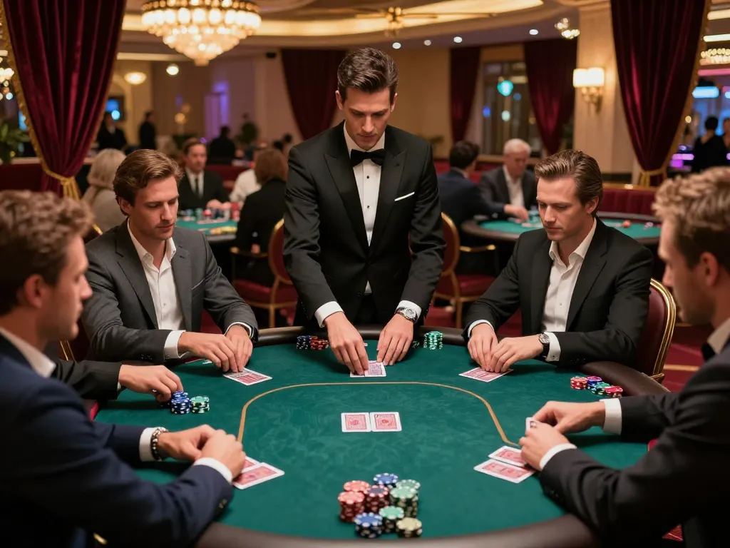 Players engaging in a poker match at 88vv casino with a professional dealer and elegant decor.