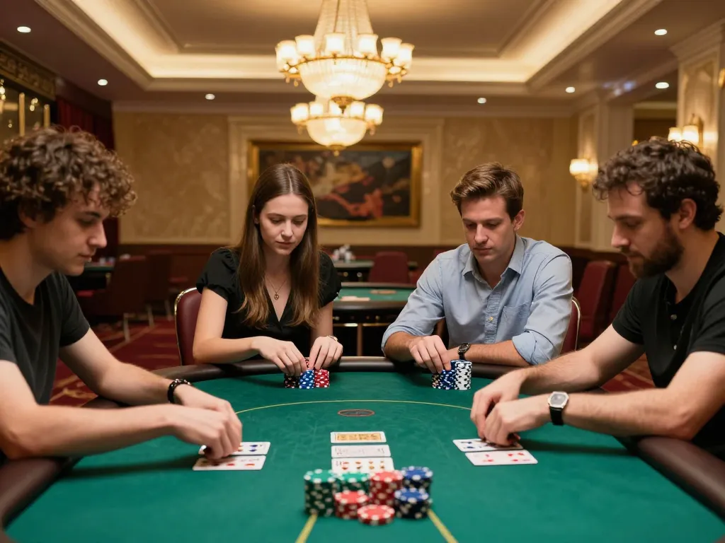 Intense poker gameplay at mb88 casino, showcasing players and colorful chips in luxury setting.