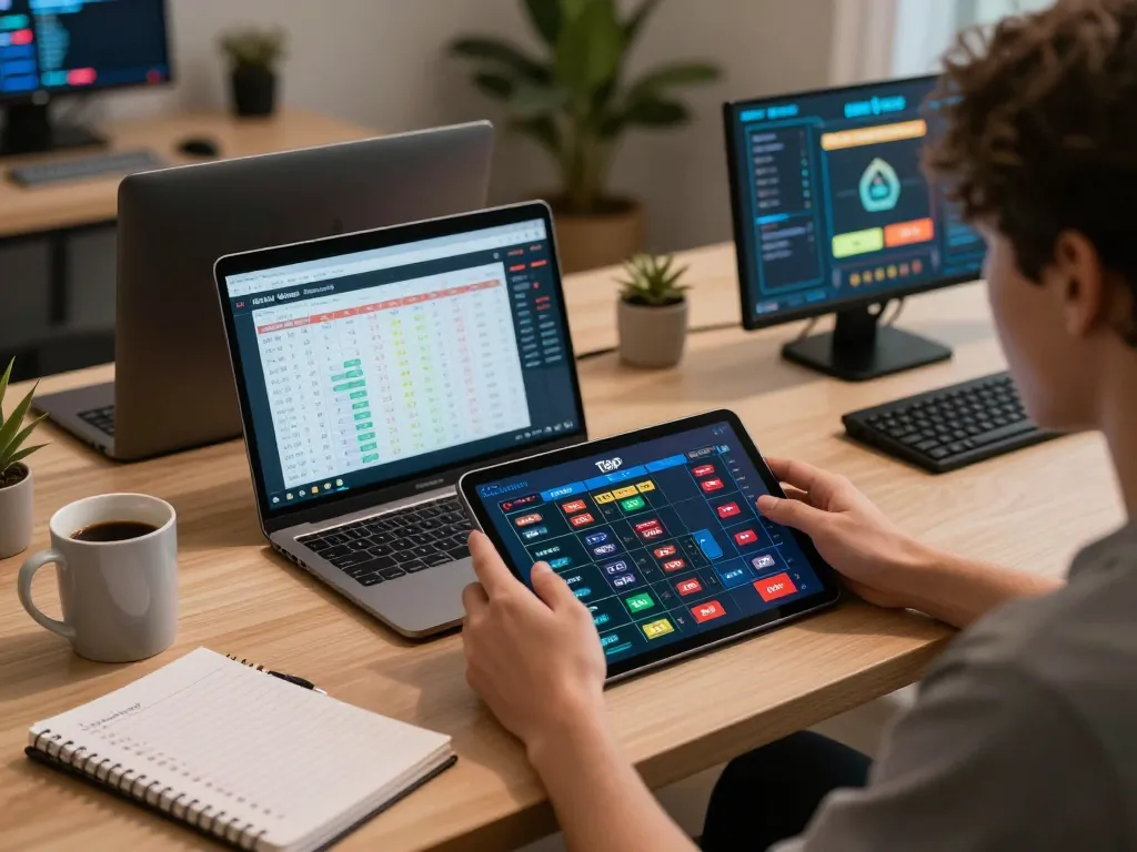 Engaged gamer analyzing toto sgp betting strategies on a tablet with charts and notes.