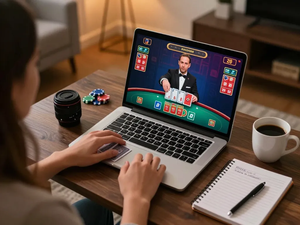 Engaging gameplay at link w188 with online blackjack on laptop, showcasing strategic betting.
