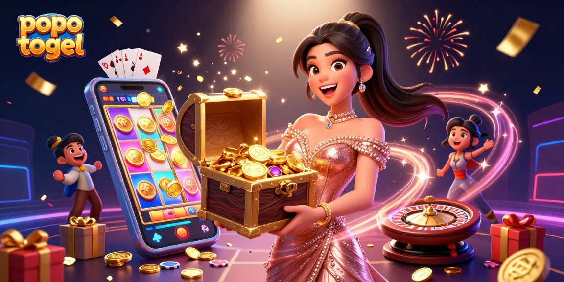 Experience thrill with popo togel as golden coins flow from the treasure chest in this dynamic casino illustration.