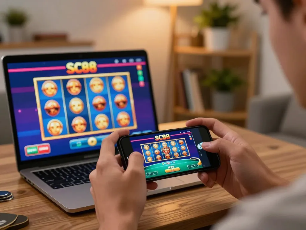Engaging interaction with SC88 online casino on smartphone, showcasing vibrant gameplay.