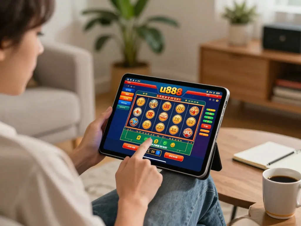 Engaged in online gaming at u888 trang chủ, a player enjoys a vibrant casino experience on a tablet.