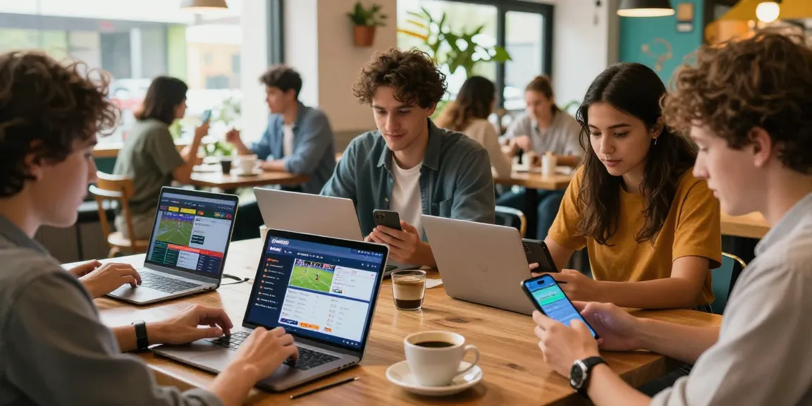 Friends engaged in online betting on OPEN888 in a vibrant café setting.