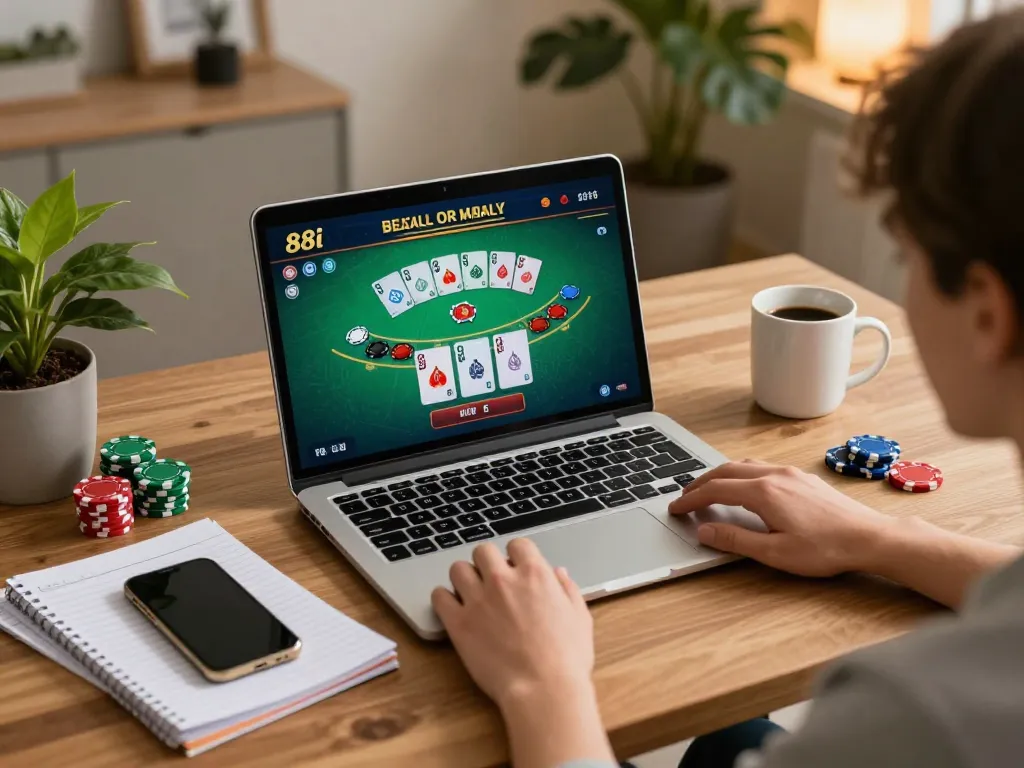 Engaging online gaming scene featuring a player using 88i platform for interactive blackjack.