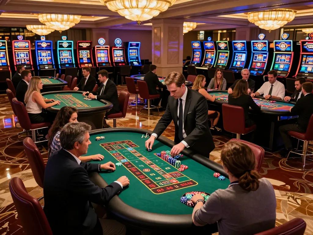 Fun88 players placing bets at roulette tables in a vibrant casino atmosphere