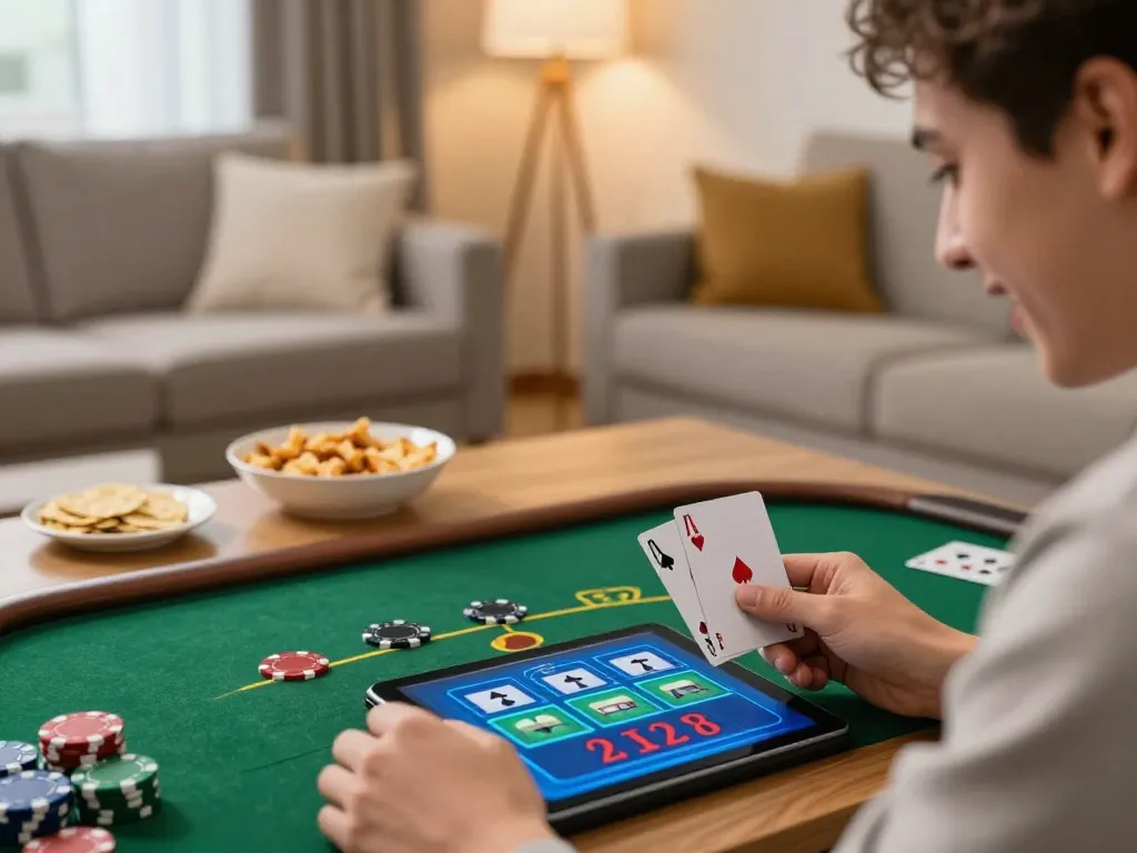 Player enjoying blackjack on link fly88 tablet in cozy living room setting, showcasing strategic gameplay.