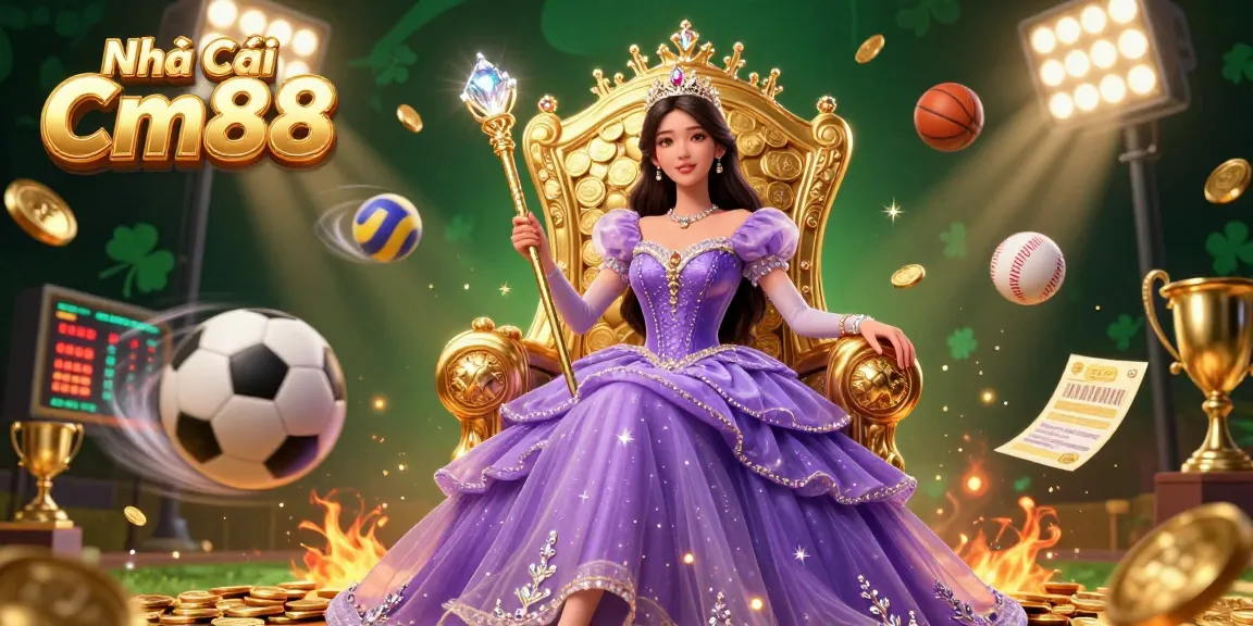 Engage with Nhà Cái Cm88, showcasing sports betting excitement with dynamic action elements and golden treasures.