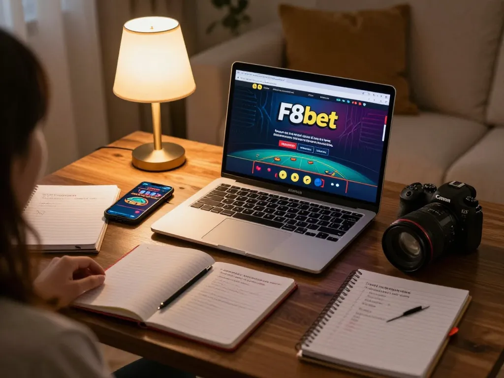 Enjoying a thrilling online game at F8bet with a cozy setup featuring betting strategy notes.