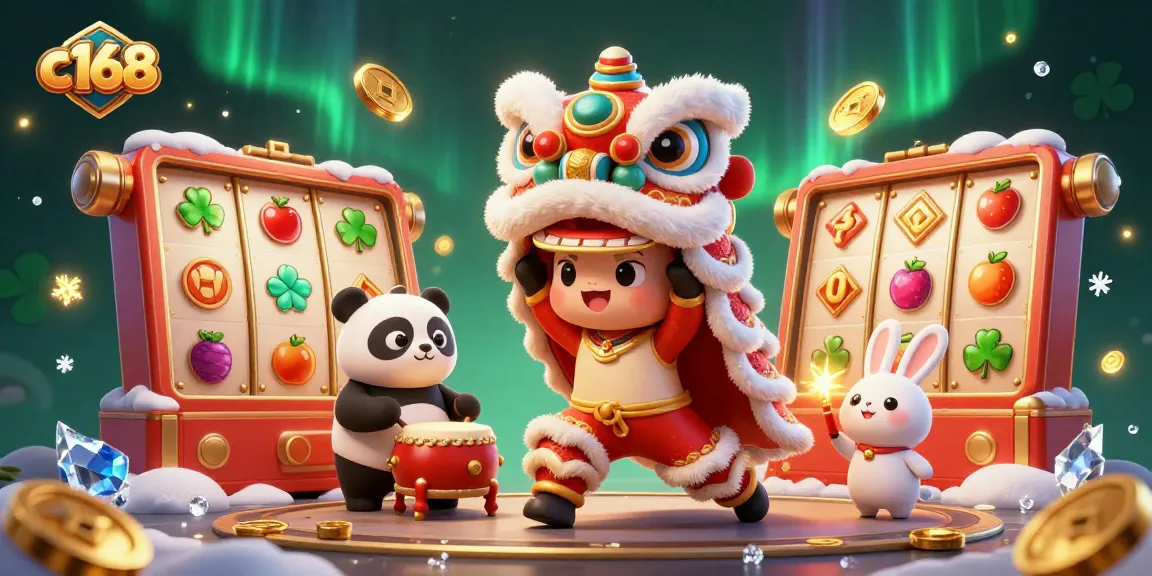 Experience the thrill of c168 slots with a vibrant 3D lion dance scene, slot reels, and festive decorations.