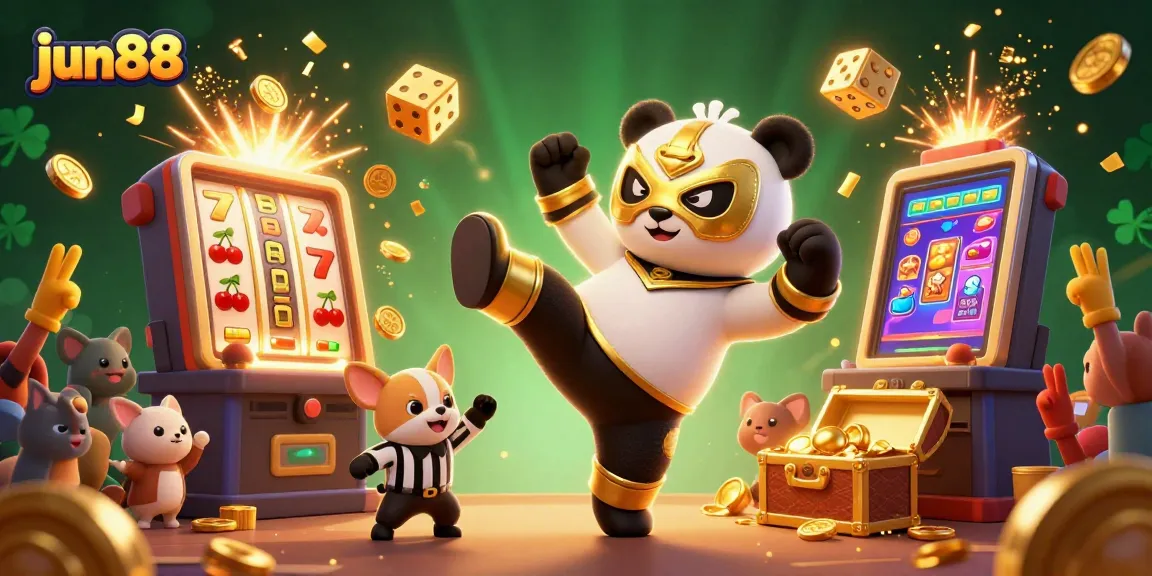 Experience thrilling gameplay at jun88 with a 3D panda wrestler amidst slot machine spectacles.