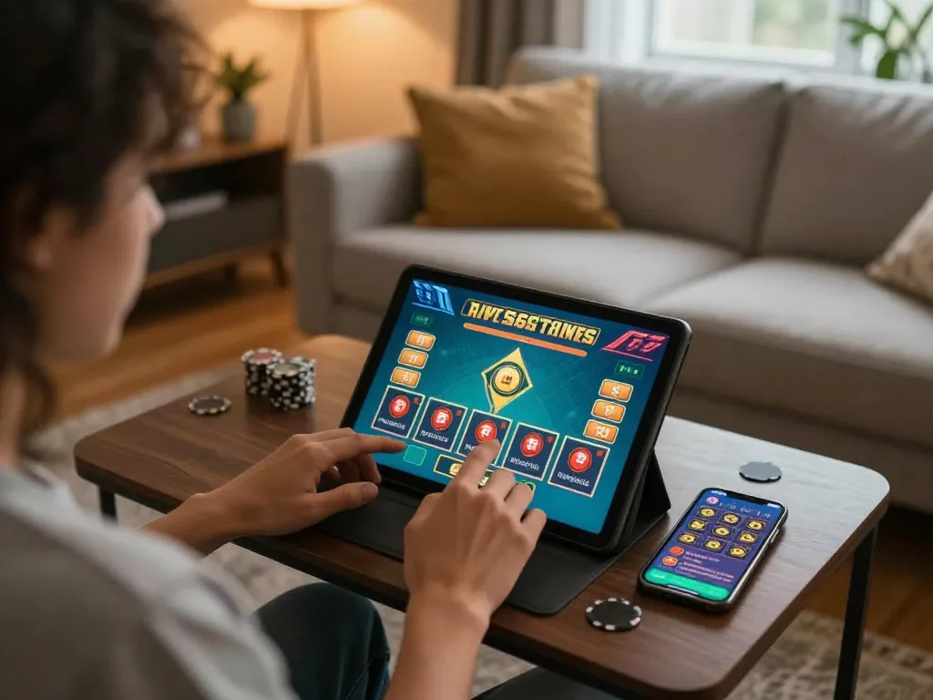 Engaged player betting in an online casino on luck8 net with a tablet in a cozy home