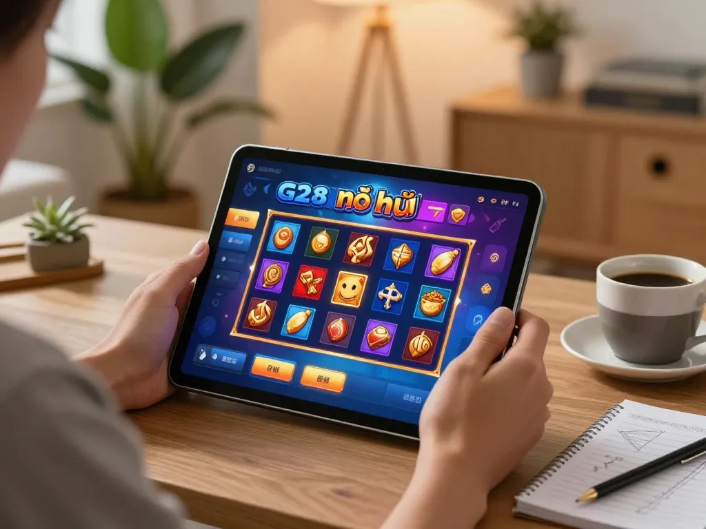Play G28 nổ hũ slot games on a tablet in a cozy home setup, featuring strategy notes and a warm ambiance.