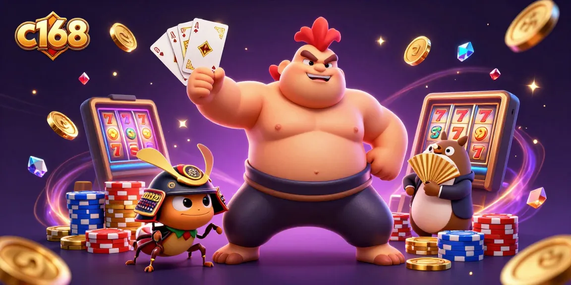 Experience thrilling gameplay at c168 with a powerful sumo wrestler amidst a vibrant casino scene.