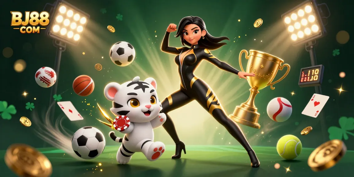 Experience thrilling games at BJ88 COM with vibrant casino elements and a stunning acrobatic woman.