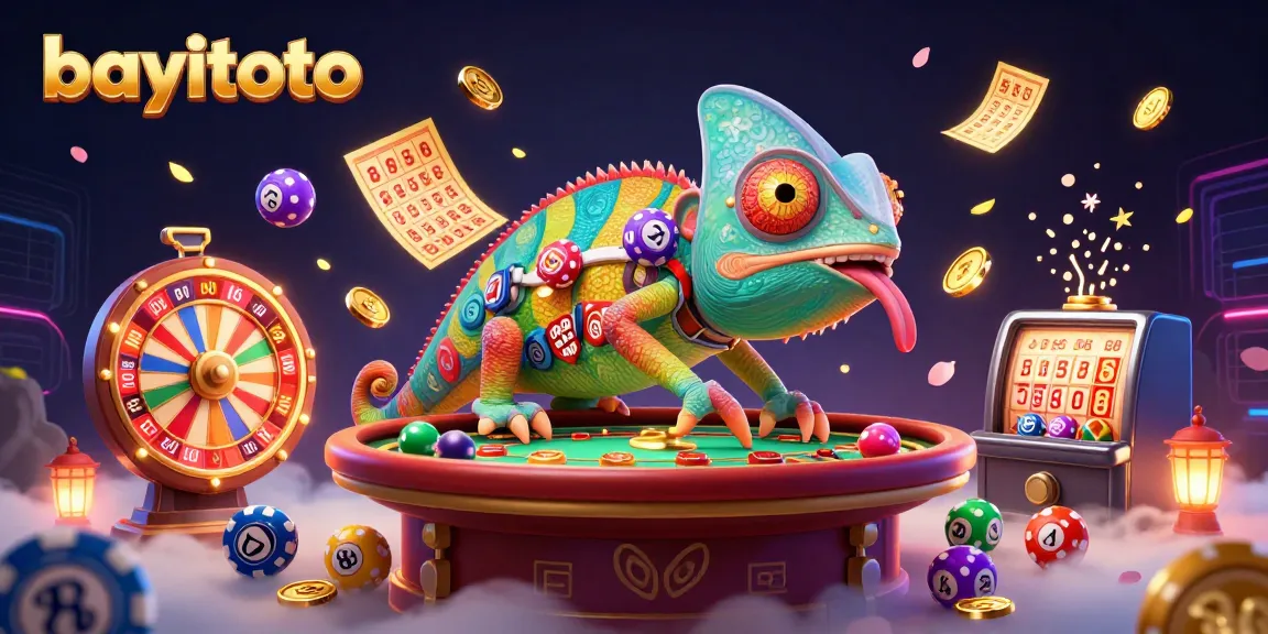 Engage with bayitoto's vibrant gaming scene featuring dynamic lottery balls and a chameleon casino owner.