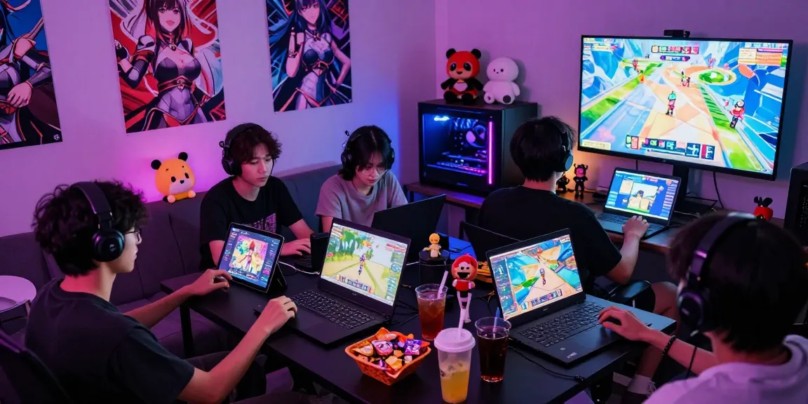Social gaming scene with friends playing hentai games in a vibrant atmosphere.