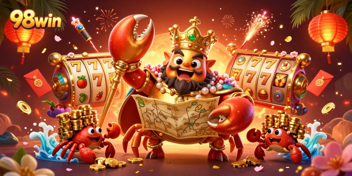 Join the thrilling excitement of 98win with a vibrant casino scene featuring golden crab emperor and dynamic slot elements.
