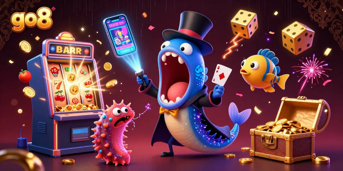 Engaging go8 casino illustration featuring vibrant slots, deep-sea creatures, and jackpots.