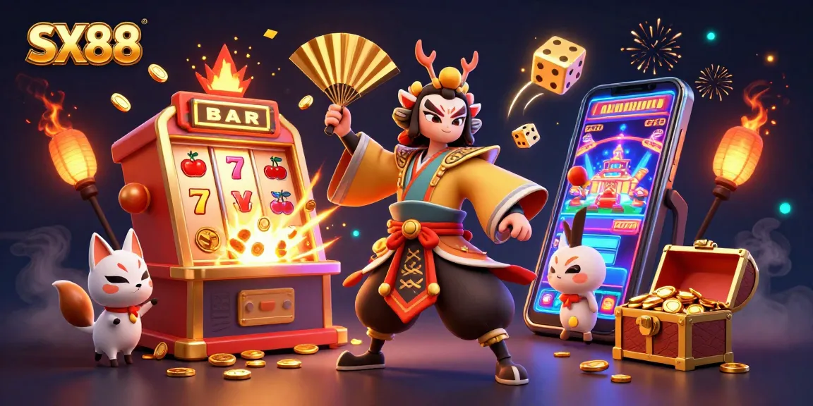 SX88 invites players to experience vibrant slots action with kabuki-inspired characters amidst gold coins and jackpots.