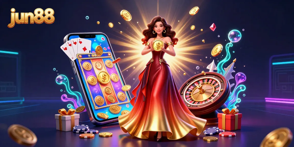 Experience thrilling gaming action with jun88, featuring a stunning Asian woman holding a golden coin amid vibrant casino elements.