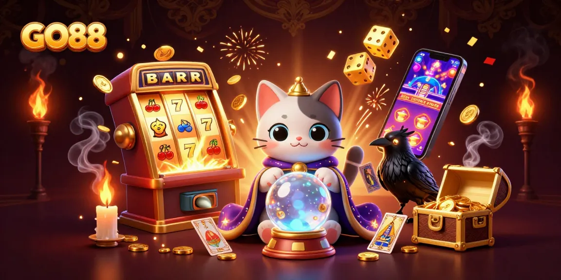 GO88 players engage with a vibrant slot machine jackpot, surrounded by mystical characters and casino elements.