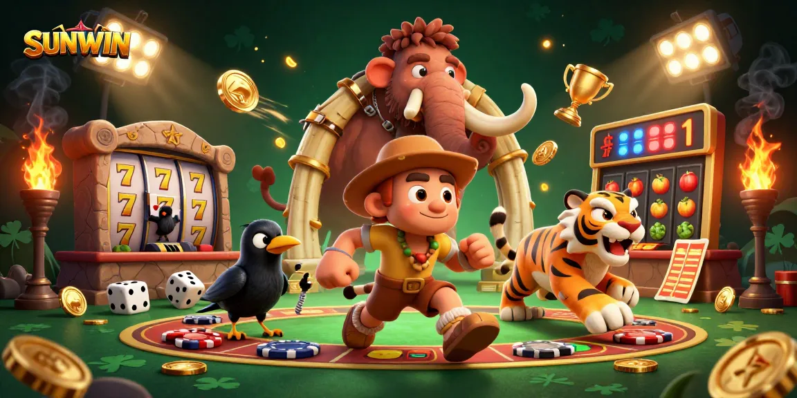 SUNWIN showcases engaging gameplay with a caveman and sabertooth tiger in a casino atmosphere filled with slots, gold coins, and vibrant elements.