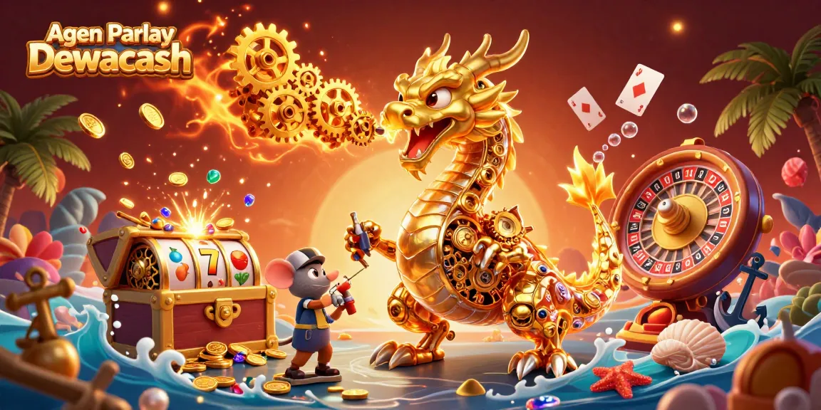 Agen Parlay Dewacash showcases vibrant slot reels and golden treasures in a dynamic 3D casino scene.