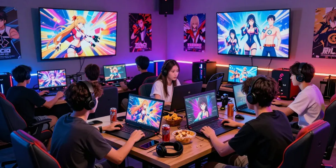 Friends playing a hentai game together in a vibrant gaming lounge.