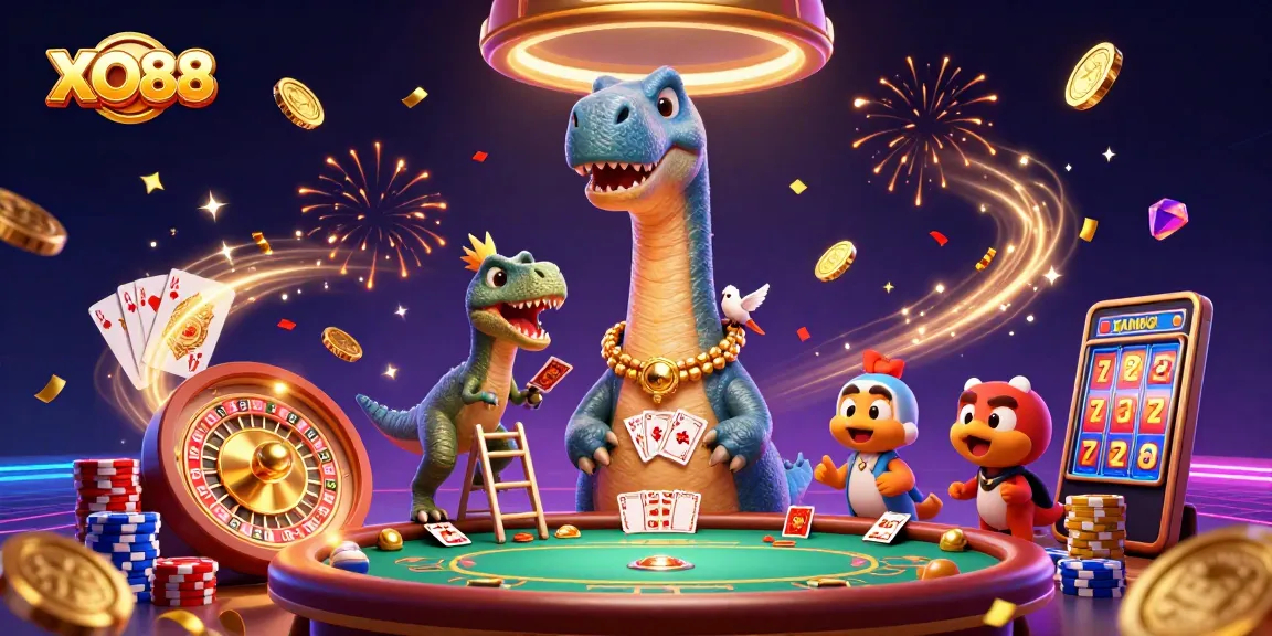 Experience the excitement of XO88 with this vibrant 3D casino scene, featuring dynamic characters and gameplay elements.
