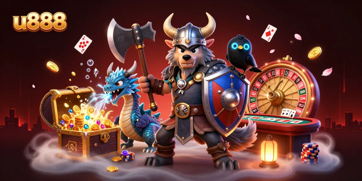 Engage in thrilling u888 casino action with a Viking warrior, dragon, and glowing raven amidst dynamic gaming elements.