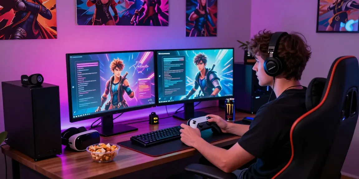 Interactive AI roleplay scene with engaging character dialogue and vibrant gaming setup.