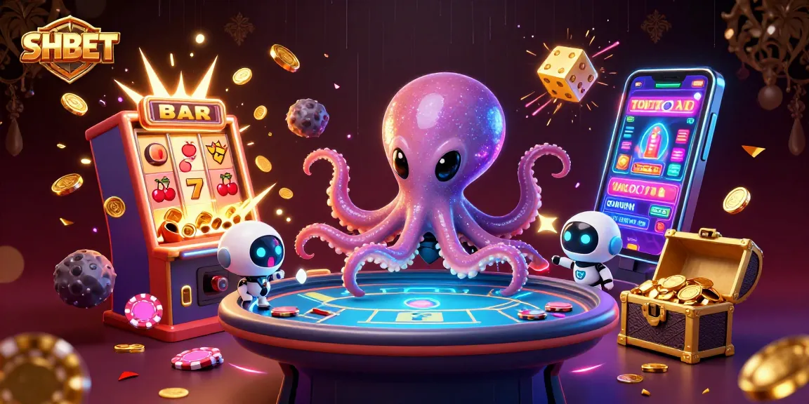 Engage in thrilling gaming adventures with SHBET at a holographic poker table surrounded by dynamic casino elements.