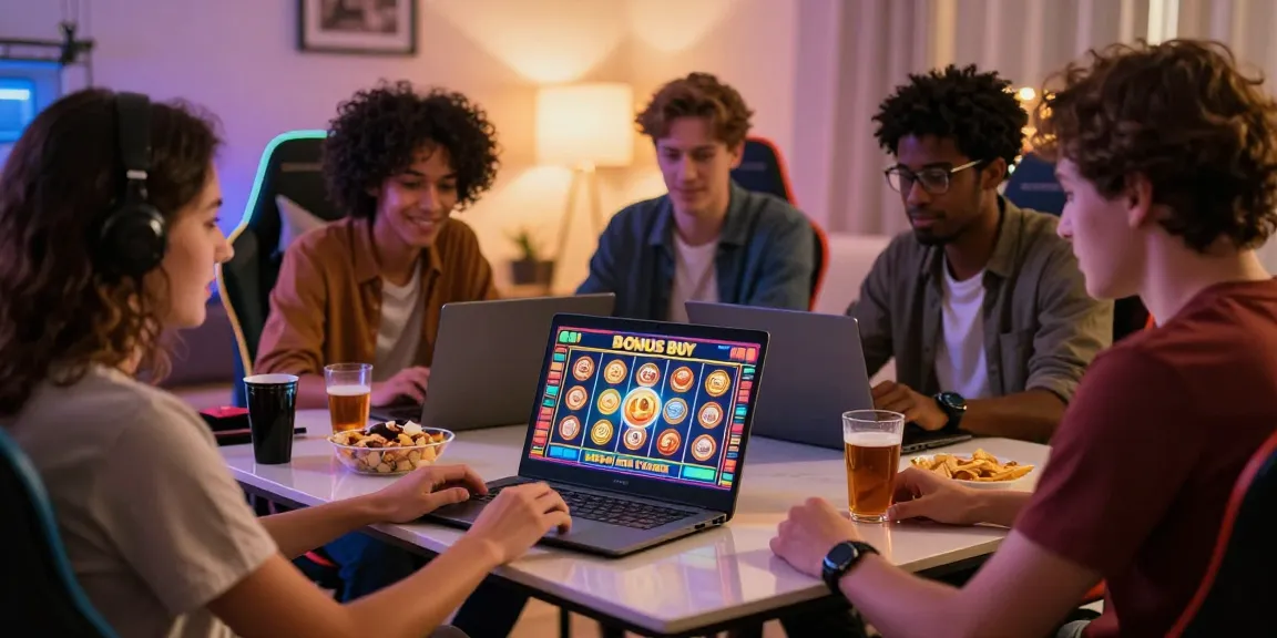 Group enjoying a Bonus Buy slot game together at https://celebratepanto.co.uk/ with vibrant graphics and snacks.