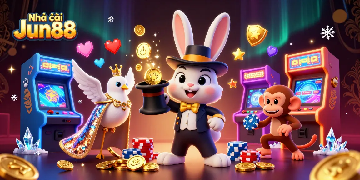 Experience the magic of Nhà cái Jun88 with a thrilling 3D casino scene filled with excitement.