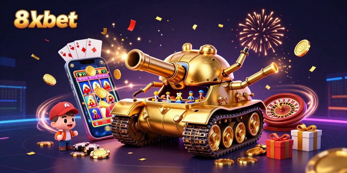 Experience the thrill of 8xbet’s miniature casino inside a golden beetle tank, amidst festive slot game action.