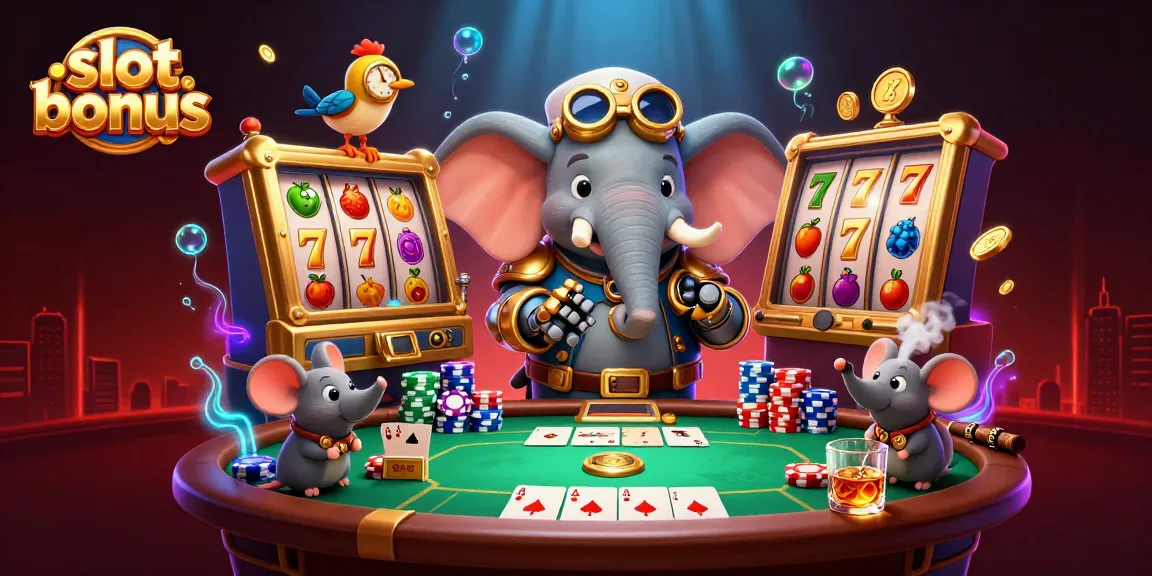 Engage with the slot bonus concept featuring a steampunk elephant operating a golden slot machine amidst vibrant casino elements.