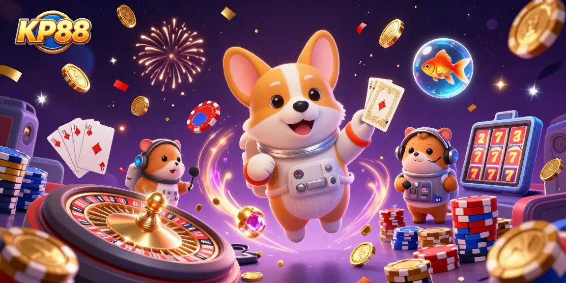 Experience KP88 gaming excitement in a vibrant space casino setting with charming characters.