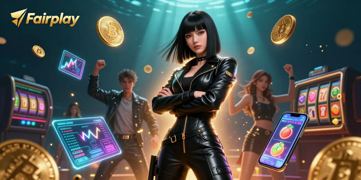 Engage with Fairplay in this vibrant casino scene, showcasing Bitcoin coins and slot elements.