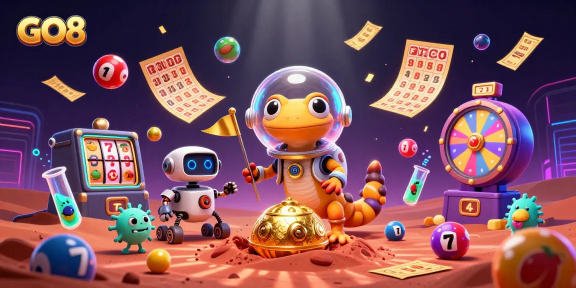 Engage in thrilling gameplay at GO8 with a cartoon Martian gecko discovering a golden casino.