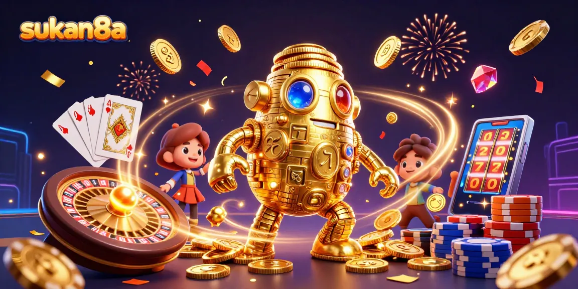 Sukan8a showcases a golden golem animated with coins, slot symbols, and casino elements, inviting thrilling gaming experiences.