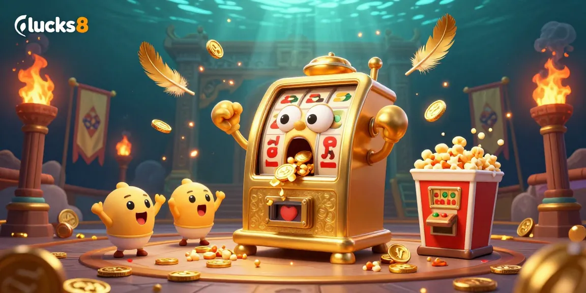 Experience lucks8 excitement with a golden slot machine celebrating a jackpot amidst vibrant casino elements.