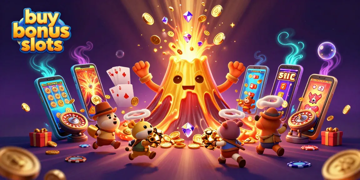 Experience the thrill of buy bonus slots with a vibrant 3D illustration showcasing erupting treasures and slot game excitement.
