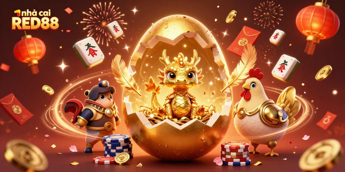 Engage with nhà cái RED88's vibrant 3D celebration, showcasing a golden dragon and poker chips.