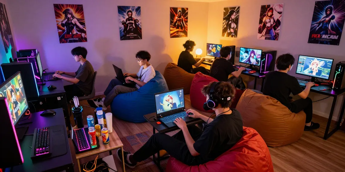Players enjoying ecchi game in a vibrant gaming hub with colorful lighting and interactive atmosphere.